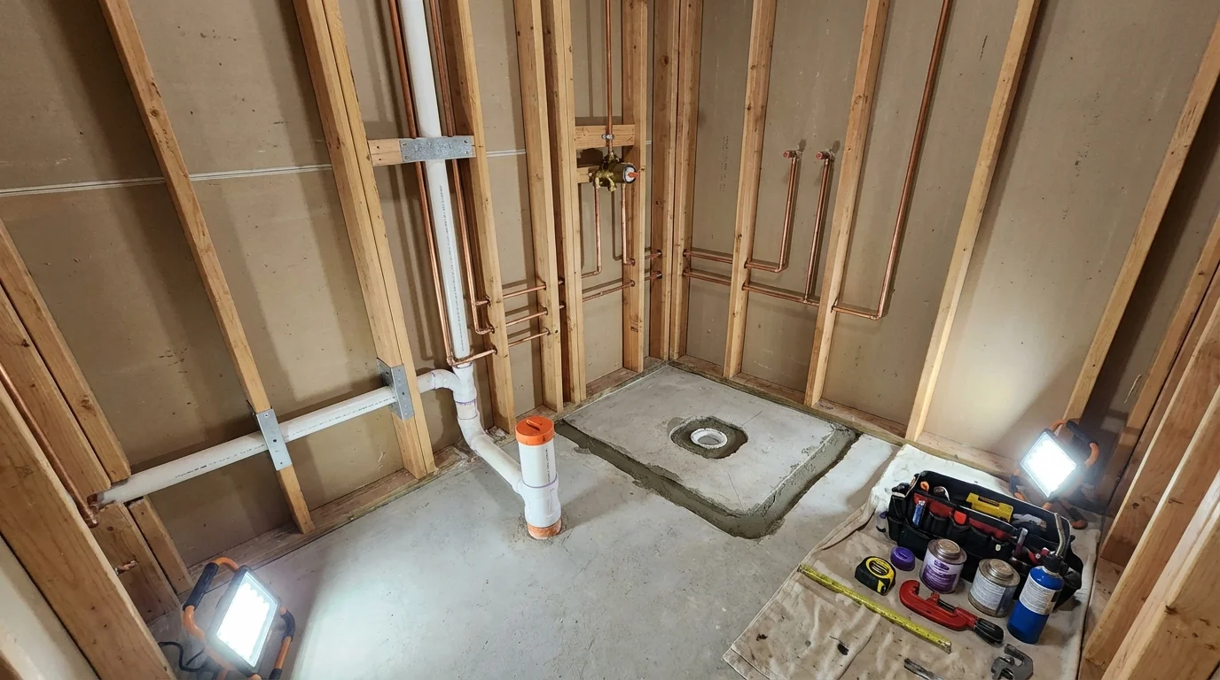 Bathroom rough-in plumbing during remodel by Johns Plumbing LLC in Delphi