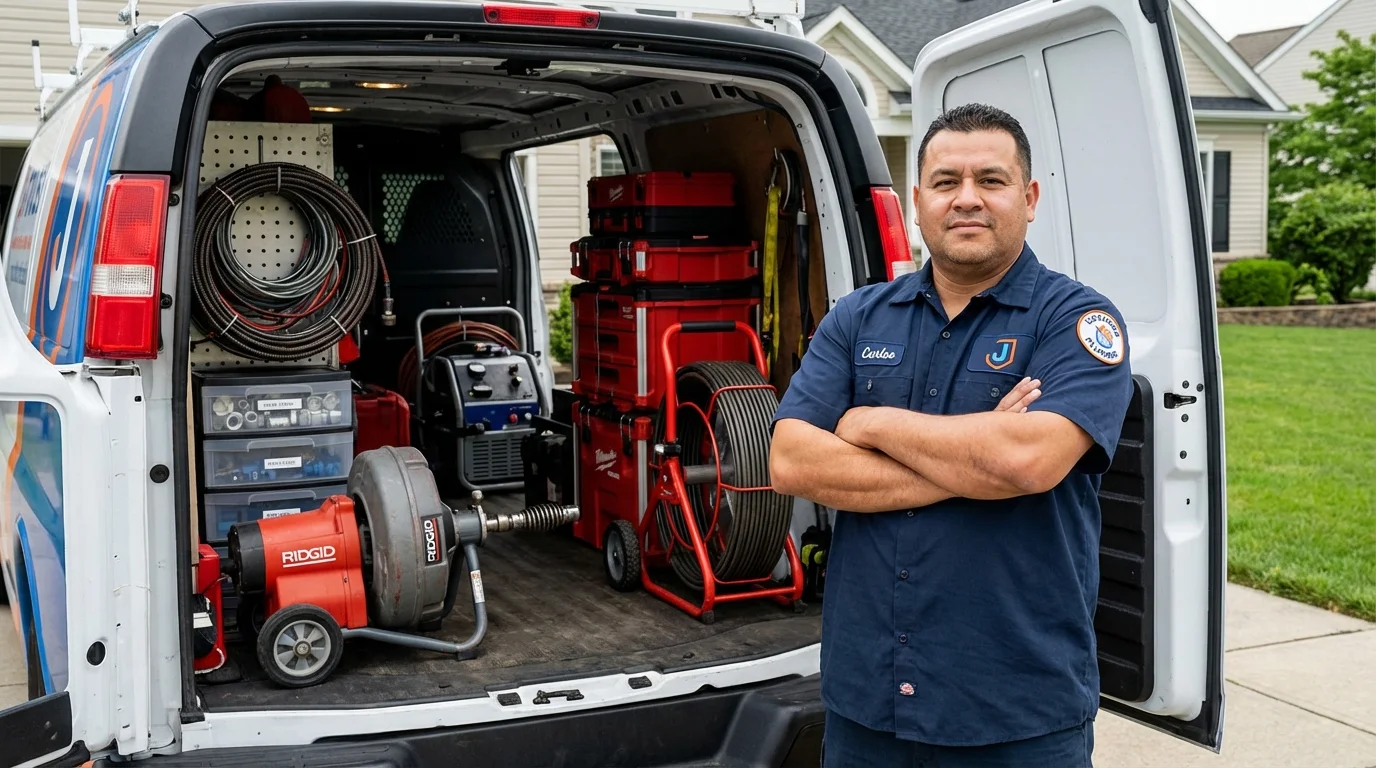 Professional drain cleaning equipment and Johns Plumbing LLC plumber in Delphi