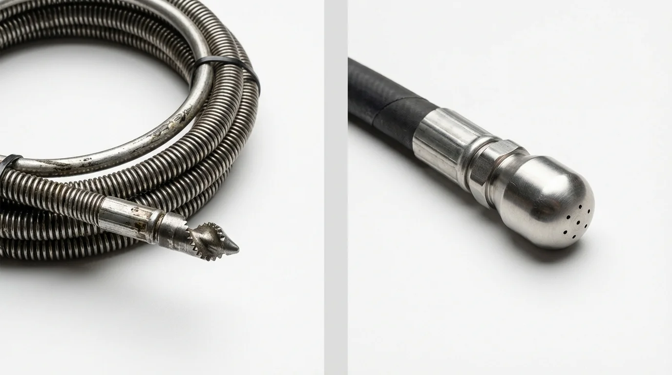 Drain snake cable and hydro jetting nozzle used for drain cleaning in Delphi, IN