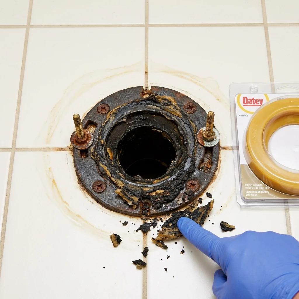 Failed wax ring showing water seepage at the base of a toilet in a Delphi, IN home